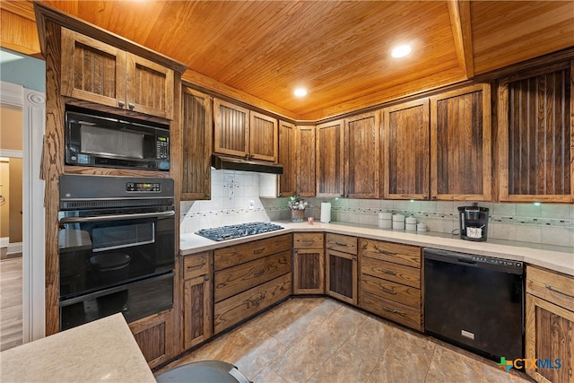 kitchen featuring tasteful backsplash, wood ceiling, and black appliances