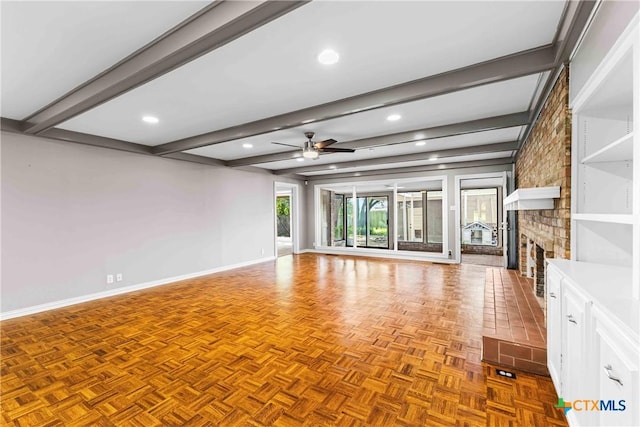 3426 Austin Ave, Waco, TX 76710 - unfurnished living room with ceiling fan, beam ceiling, a brick fireplace, and recessed lighting