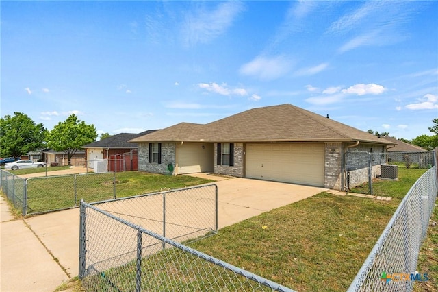 single story home featuring a front lawn, central AC, concrete driveway, fence private yard, and a garage