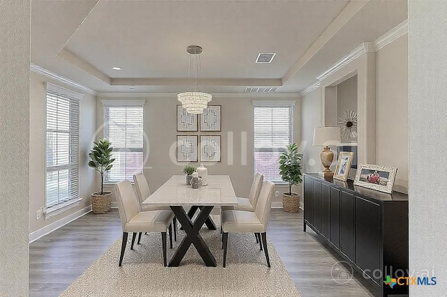 302 N Frontier Ln, Cedar Park, TX 78613 - dining area with a tray ceiling, a chandelier, healthy amount of natural light, ornamental molding, and a textured wall