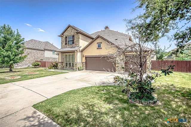 302 N Frontier Ln, Cedar Park, TX 78613 - view of front of home featuring stone siding, stucco siding, concrete driveway, a garage, and a chimney