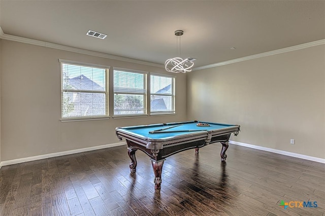 game room with a wealth of natural light, wood finished floors, and crown molding