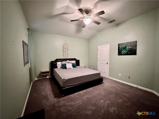 carpeted bedroom with lofted ceiling and ceiling fan