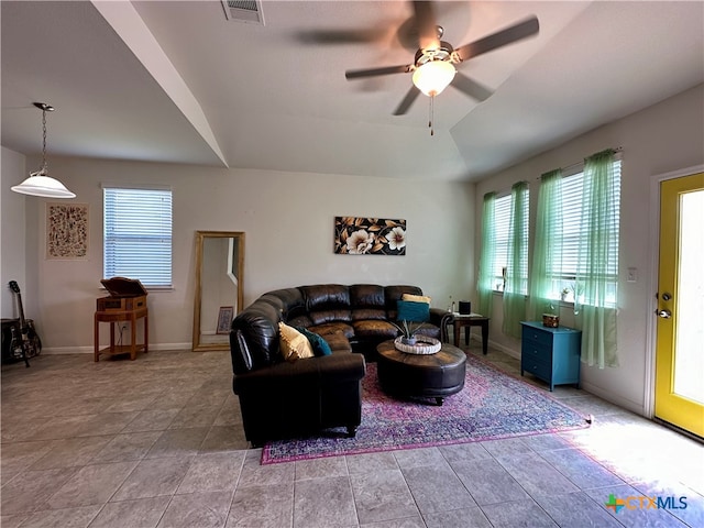 living room with ceiling fan