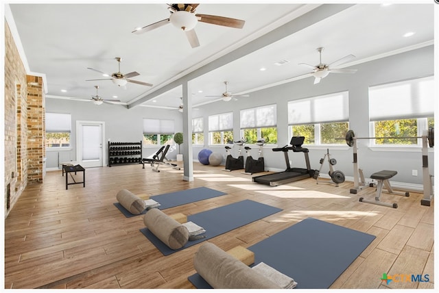 gym with light hardwood / wood-style floors and crown molding