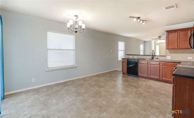 kitchen with sink, ceiling fan with notable chandelier, backsplash, pendant lighting, and dishwasher