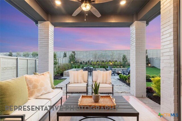 225 Dycus Bnd, Liberty Hill, TX 78642 - view of patio / terrace featuring outdoor lounge area, ceiling fan, and outdoor dining area