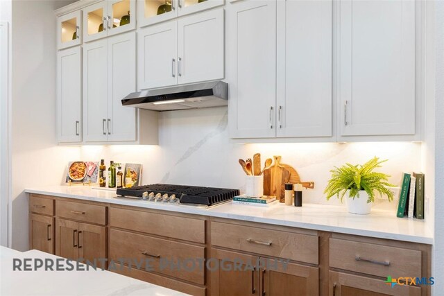 225 Dycus Bnd, Liberty Hill, TX 78642 - kitchen featuring under cabinet range hood, stainless steel gas cooktop, glass insert cabinets, and white cabinetry
