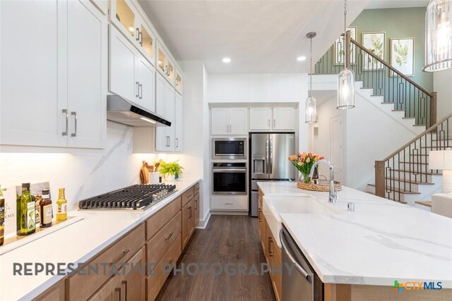 225 Dycus Bnd, Liberty Hill, TX 78642 - kitchen with stainless steel appliances, under cabinet range hood, dark wood-style flooring, an island with sink, and recessed lighting