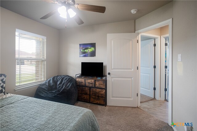 carpeted bedroom featuring multiple windows and ceiling fan