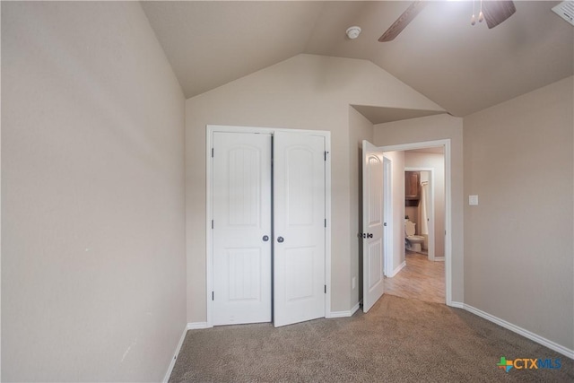 2520 Heartland Ave, Copperas Cove, TX 76522 - unfurnished bedroom with carpet, lofted ceiling, baseboards, a closet, and ceiling fan