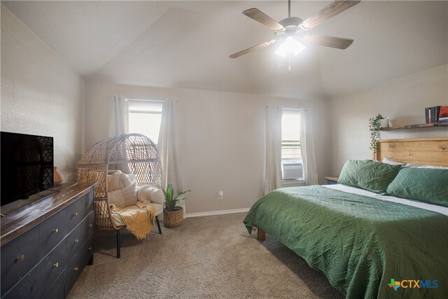 carpeted bedroom featuring lofted ceiling and ceiling fan