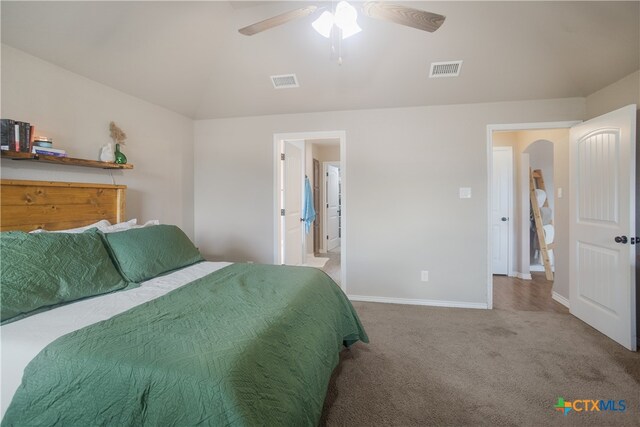 carpeted bedroom with ceiling fan