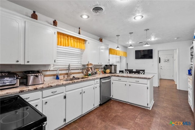kitchen with visible vents, a peninsula, black range with electric stovetop, a sink, and dishwasher