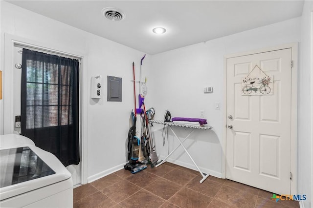 interior space featuring baseboards, washer / dryer, electric panel, and visible vents