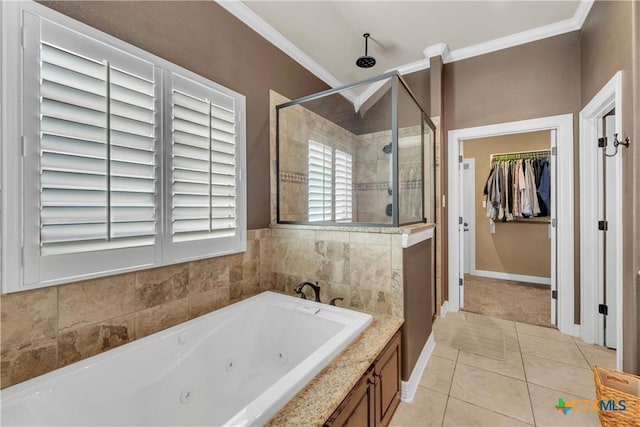 bathroom with tile patterned floors, plus walk in shower, and ornamental molding