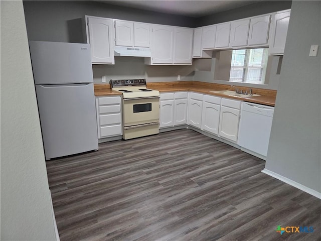 1805 Dickens Dr, Killeen, TX 76543 - kitchen featuring white appliances, under cabinet range hood, a sink, and white cabinets