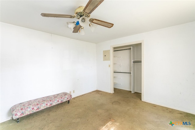 unfurnished bedroom with a closet, light carpet, and ceiling fan