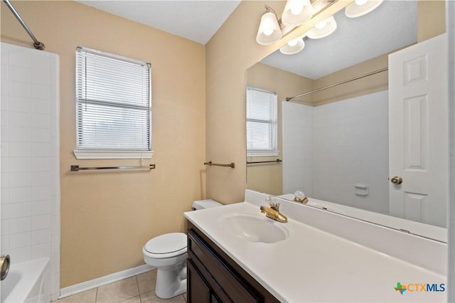 full bathroom featuring toilet, tile patterned flooring, shower / washtub combination, and vanity