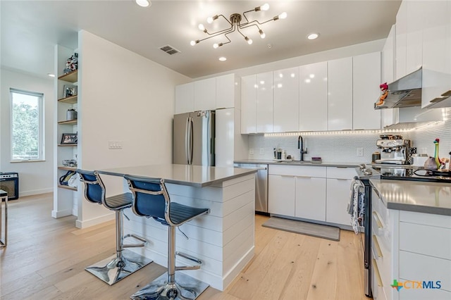 1905 Dutton Dr Unit A, San Marcos, TX 78666 - kitchen with stainless steel appliances, a sink, a kitchen breakfast bar, light wood finished floors, and backsplash