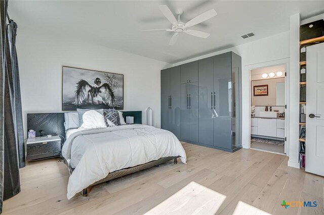 1905 Dutton Dr Unit A, San Marcos, TX 78666 - bedroom with light wood-style floors, a ceiling fan, and ensuite bathroom