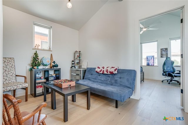 1905 Dutton Dr Unit A, San Marcos, TX 78666 - sitting room featuring an office area, vaulted ceiling, light wood finished floors, ceiling fan, and baseboards