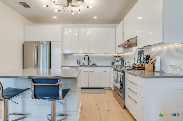 1905 Dutton Dr Unit A, San Marcos, TX 78666 - kitchen with appliances with stainless steel finishes, under cabinet range hood, a sink, modern cabinets, and recessed lighting