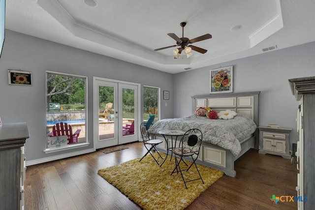 172 River Chase Dr, New Braunfels, TX 78132 - bedroom with a raised ceiling, access to exterior, french doors, and multiple windows