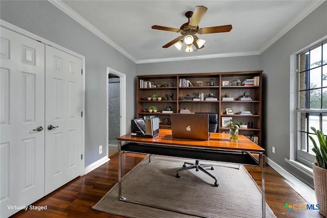 172 River Chase Dr, New Braunfels, TX 78132 - office area featuring wood finished floors, crown molding, baseboards, and a ceiling fan