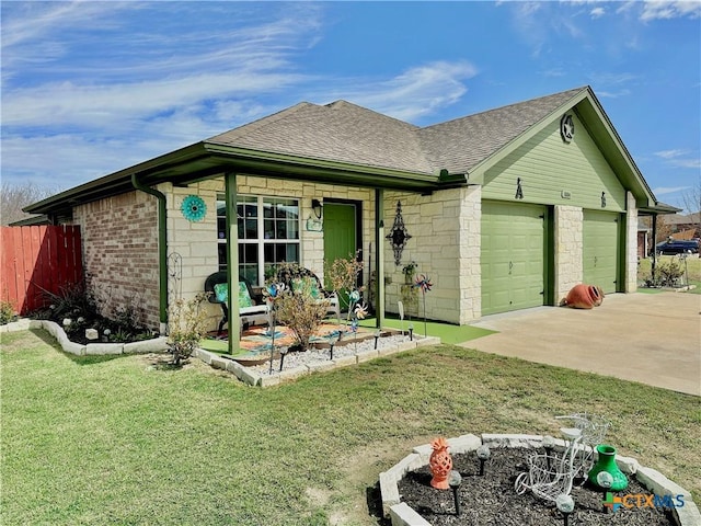 ranch-style house with an attached garage, brick siding, driveway, roof with shingles, and a front lawn