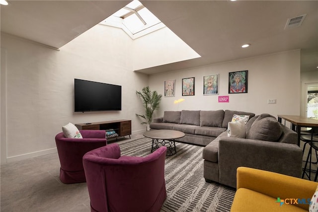 living area with recessed lighting, a skylight, visible vents, and baseboards