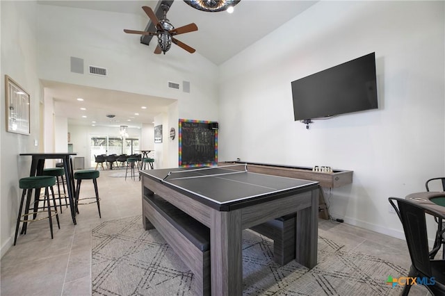 playroom featuring high vaulted ceiling, recessed lighting, visible vents, and baseboards