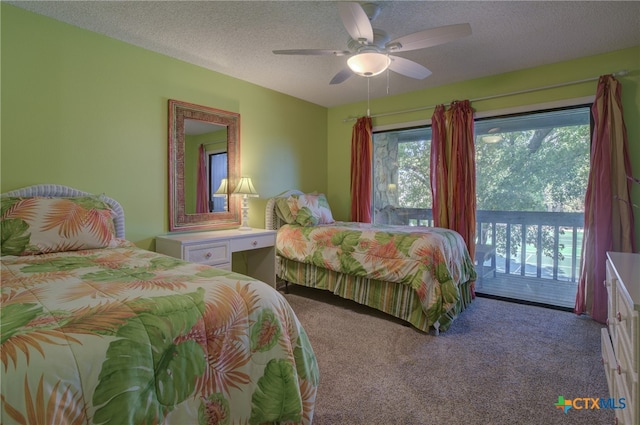 bedroom featuring ceiling fan, access to outside, a textured ceiling, and carpet floors