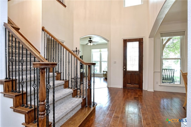 1108 Celtic Cv, Round Rock, TX 78681 - entryway featuring ceiling fan, hardwood / wood-style flooring, healthy amount of natural light, arched walkways, and a high ceiling