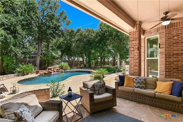 1108 Celtic Cv, Round Rock, TX 78681 - view of pool featuring an outdoor living space, ceiling fan, a fenced backyard, and a patio area