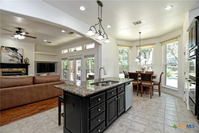 1108 Celtic Cv, Round Rock, TX 78681 - kitchen with dark cabinets, appliances with stainless steel finishes, a fireplace, an island with sink, and dark stone counters