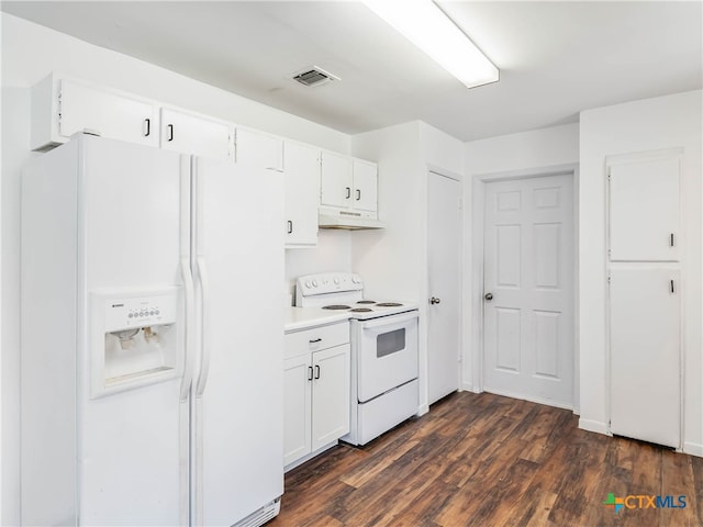 kitchen with light countertops, white appliances, white cabinetry, and dark wood finished floors