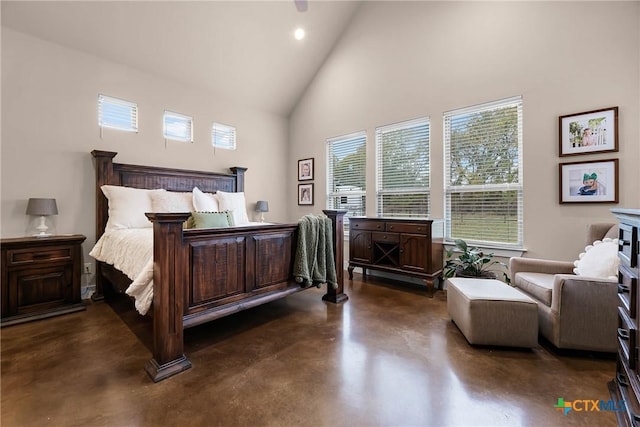 bedroom featuring high vaulted ceiling