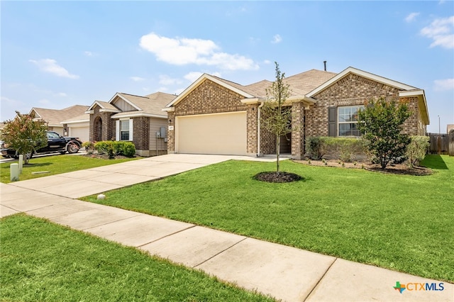 419 Agave Flats Dr, New Braunfels, TX 78130 - ranch-style house featuring brick siding, an attached garage, driveway, a front lawn, and roof with shingles