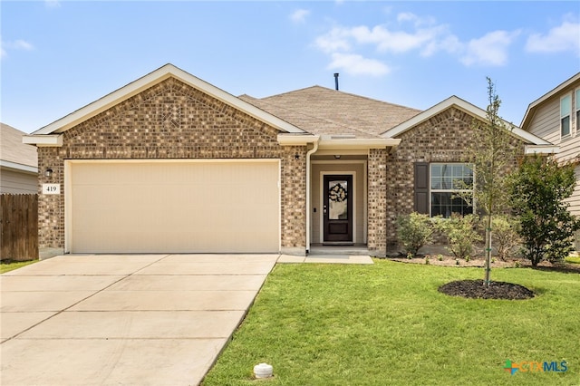 419 Agave Flats Dr, New Braunfels, TX 78130 - ranch-style house with an attached garage, brick siding, concrete driveway, and a shingled roof