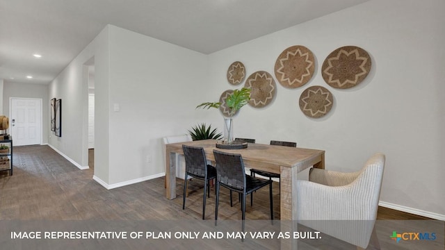 dining room featuring recessed lighting, wood finished floors, and baseboards