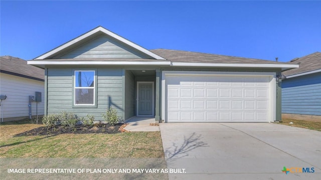 ranch-style house with an attached garage, a shingled roof, and concrete driveway