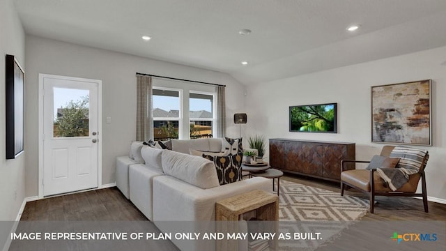 living room featuring baseboards, vaulted ceiling, wood finished floors, and recessed lighting