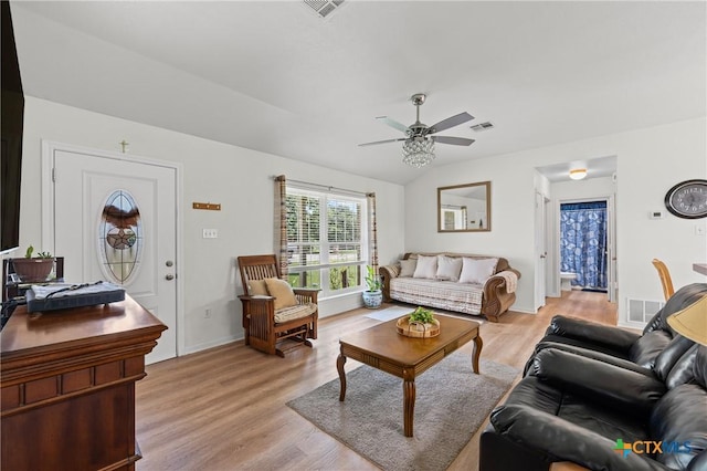 605 Aikman Dr, Troy, TX 76579 - living room with light wood finished floors, a ceiling fan, and lofted ceiling