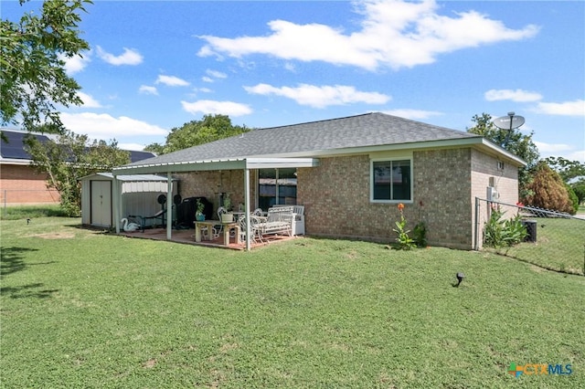 605 Aikman Dr, Troy, TX 76579 - rear view of property with a shed, brick siding, a patio, and roof with shingles