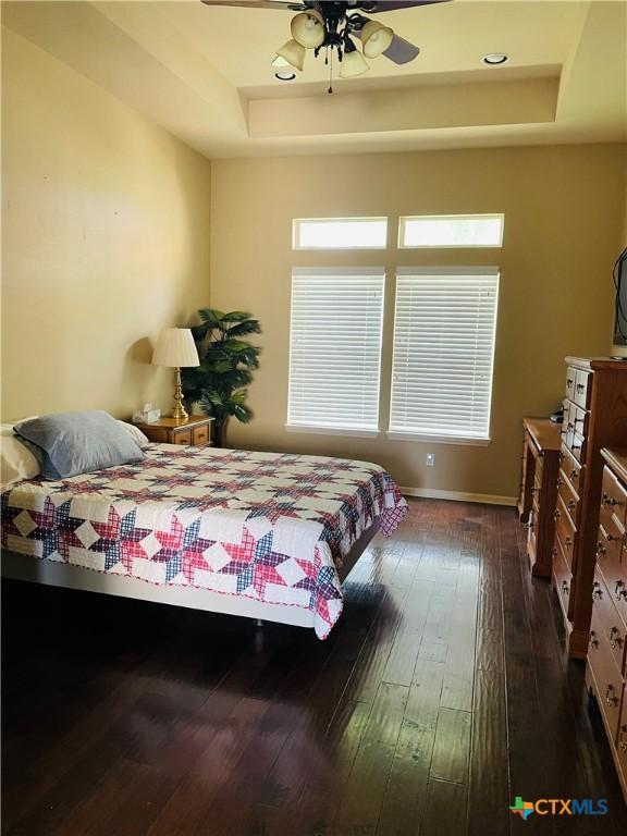 bedroom featuring wood-type flooring, multiple windows, and a raised ceiling