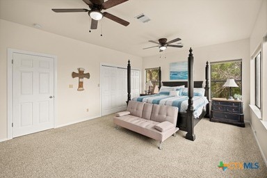 25420 Cove Dr, Spicewood, TX 78669 - bedroom featuring light colored carpet, visible vents, ceiling fan, and baseboards