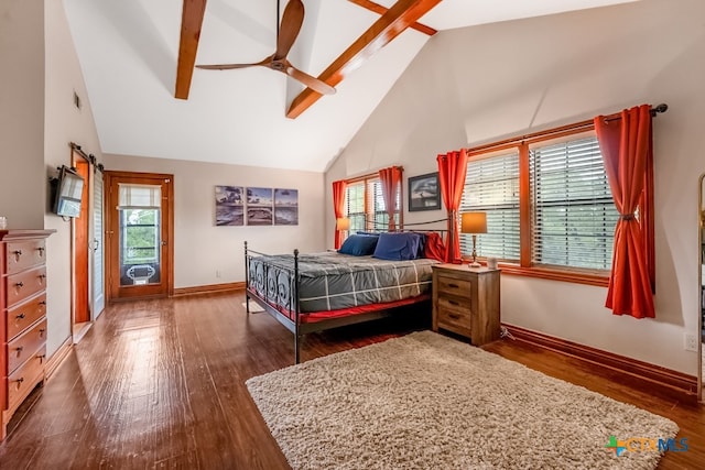 bedroom with baseboards, high vaulted ceiling, beamed ceiling, and dark wood-type flooring