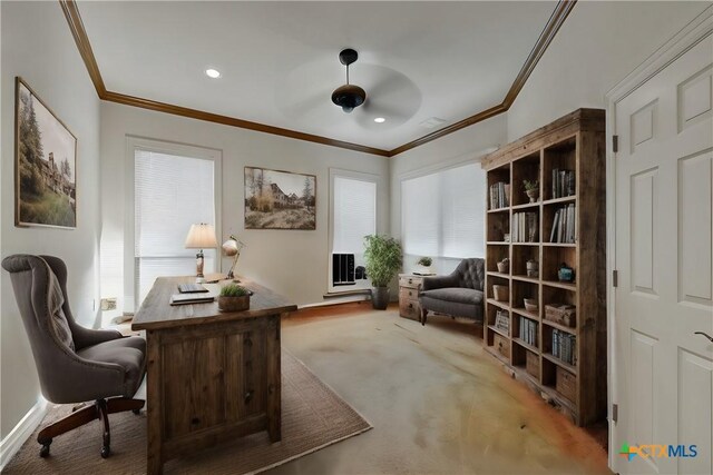 office featuring ornamental molding and carpet