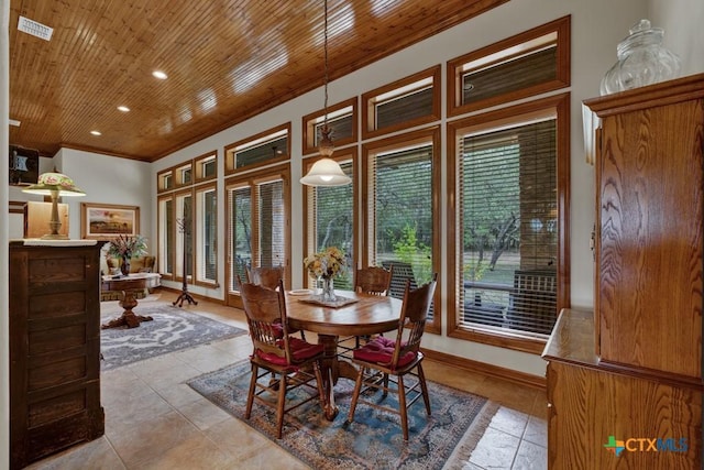 197 Falling Hls, New Braunfels, TX 78132 - dining area with ornamental molding, recessed lighting, wood ceiling, and light tile patterned floors